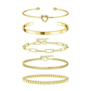 여성용 다인티 골드 브레이슬릿 - 트렌디한 스택 세트 변색되지 않는 비즈 5PCS 스태킹 가능한 방수 주얼리, 2인치 확장형 조절