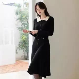 [시크라인] 라사엘리 배색카라 니트 플레어 원피스