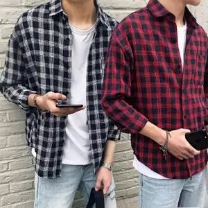 깔끔함 남성 패션 스타일 핏감 좋은 체크 셔츠 남방 남방 남자 베이 캐주얼 데일리 7부 여름 무지 지