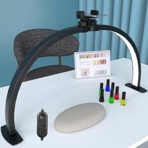 네일 데스크용 iVict 하프 문 라이트, 휴대폰 스탠드 포함 40W 테크 라이트 29인치, 밝기 조절 가능 10개, 네일, , 눈썹, 뷰티(블랙)용 컬러 온도 LED 데스크 램프 3개