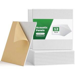 벽, 문, 천장용 음향 패널, 12팩 사각형 자가 접착식 필 & 스틱 흡음 12인치 x 0.4인치 홈 오피스용 장식 타일, 스튜디오, 게임룸, 페어링, 화이트