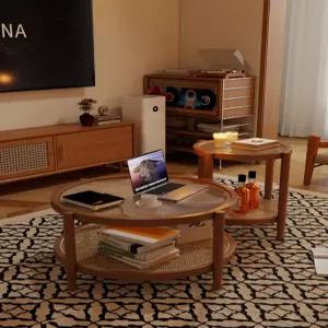 원목 원형 거실 유리 라탄 소파 사이드 테이블