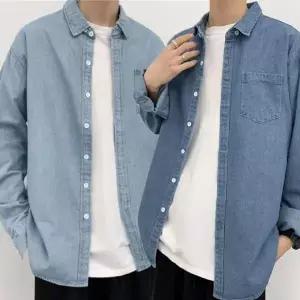 남성 오버핏 긴팔 데님 셔츠 가을용 청바지 셔츠 아우터