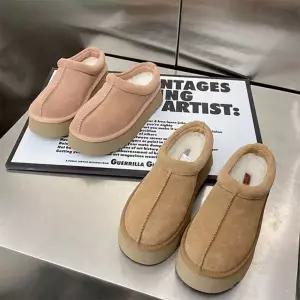 [다잇템] 여성 레더 두꺼운굽 키높이 퍼안감 슬리퍼