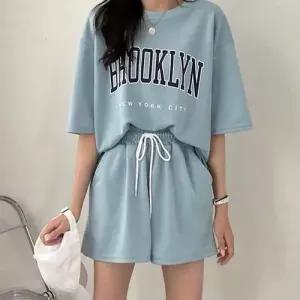 레터링 캐주얼 여성 상하의 반팔 셋업 트레이닝 세트 WEF1794