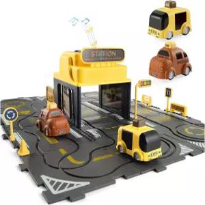YUYID 퍼즐 트랙 자동차 놀이 세트 라이트 앤 뮤직 버스 정류장 및 2대의 3-5세 를 위한 바닥 3-4세 장난감