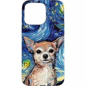 갈색 단모 치와와, 별이 빛나는 밤, 귀여운 강아지 그림 (Aja 작가 작품) 아이폰 15 프로 맥스 케이스