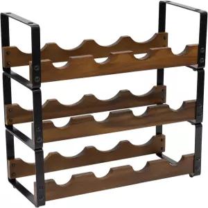 피어링턴 12 병 스택형 와인 랙 러스틱 3단 솔리드 아카시아 우드 및 언 홀더 무료 스탠딩 카운터탑 주류