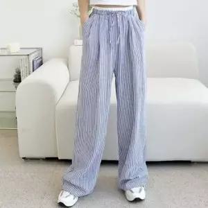 여성바지 여성 사이드포켓 시원한 코튼 스트라이프 가벼운 팬츠 와이드 핀턱 밴딩 바지