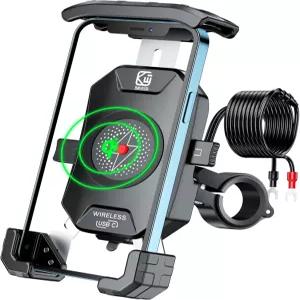 Qi 15W 무선 충전기 및 PD/USB-C 20W 고속 충전 포트가 있는 BRCovan 모터사이클 휴대폰 거치대 [1초 잠금]