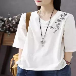 여성 티셔츠 브이넥 7부소매 빅사이즈 캐주얼룩 오버핏 반팔