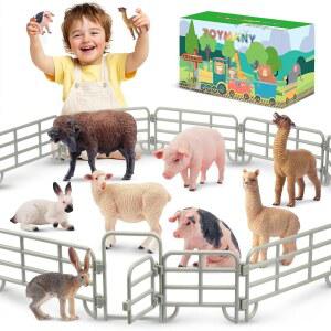 Toymany 현실적인 17피스 농장 동물 피규어 세트, 울타리 포함, 돼지, 양, 알파카 및 토끼 교육용 장난감 케이크 토퍼, 어린이 유아를 위한 크리스마스 생일 선물