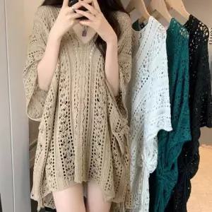 여성 브이넥 니트 여름 해변 비키니 언발 비치커버업