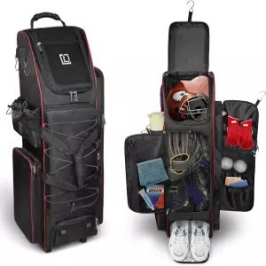 LIWSHWZ 롤링 야구백 71L 용량 포수 기어백 별도의 신발 공간이 있는 7개의 배트 펜스 후크가 달린 바퀴