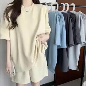 은창]와이드 스트링 포인트 모던 상하의 바지 세트 라운드넥 투피스 상하의 셋업 세트 여름 반바지 반팔