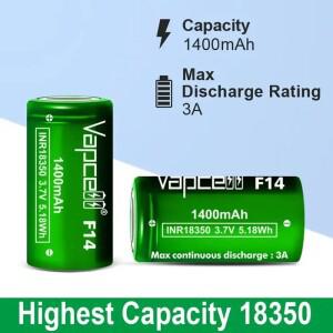 Vapcell F14 INR 18350 배터리 1400mAh 3A 3.7V 충전식 리튬 이온 셀 손전등 장난감 UAV