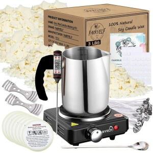 왁스 멜터가 포함된 소이 캔들 제작 키트 공급품, 제작을 위한 천연 - 3파운드 플레이크, 멜팅 포트, 전기 스토브, 심지를 포함한 DIY 용품