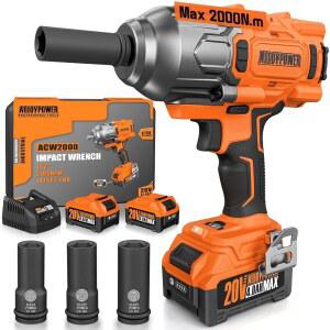 ALOLYPOWER 무선 브러시리스 임팩트 렌치, 1475피트(2000N.m), 1/2 고토크 파워 건, 3모드 속도, 2*4000mAh 배터리, 3 소켓, 전기 렌치 세트 자동차 타이어 트럭 RV 잔디깎이용