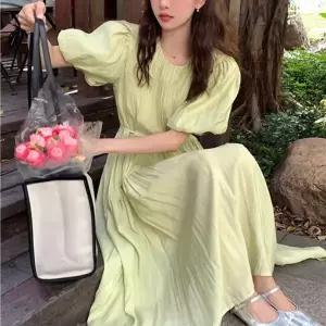 캔트 여름 반팔 휴양지 원피스 화이트 초록 동남아 바캉스 퍼프 쉬폰 주름 셔링 롱원피