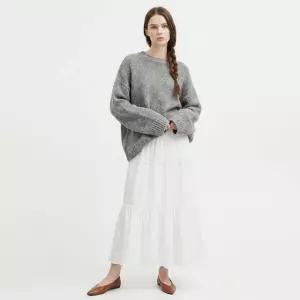 [샵앤] 여성 밴딩 레이스 포인트 캉캉 플레어 롱스커트 EGG-WSK-21026