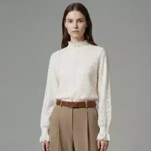 여성 반목 기모 레이스 시스루 프릴 블라우스 SIU-WBL-21013-베이지