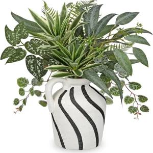 시멘트 꽃병이 있는 인공 녹지 배치 소박한 저그 화분의 가짜 화분 테이블 중앙 장식용 잎 부케 농가 홈