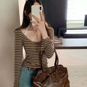 BANHANY 앤드리아 ？？레이스 홀터넥 스트라이프 슬림 긴팔 티셔츠