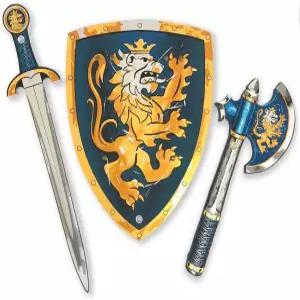 라이온터치 - 고귀한 기사 폼 소드 방패 도끼 파란색 3-8세 소년용 플레이파이팅 세트 안전한 중세 장난감