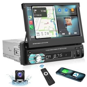 블루투스 AHD 백업 카메라가 장착된 포도포 싱글 딘 카플레이 카 스테레오, 7인치 플립 아웃 터치 스크린 라디오 MP5 플레이어 지원 안드로이드 오토, 미러 링크, USB, TF, FM 라디오, 보조, SWC