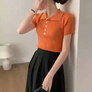 [다잇템] 여성 골지 슬림핏 트리아세테이트 반소매 니트