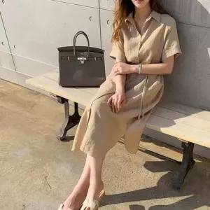 반팔롱원피스 여성 반팔 셔츠 롱원피스 1P 루즈핏 여름 치마 린넨