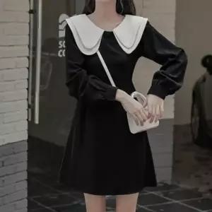 프릴 원피스 피로연 미디 카라넥 긴팔 결혼식 하객룩