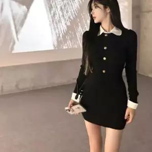 레이어드원피스 여자 페이크 레이어드 카라 버튼 블랙 미니 원피스