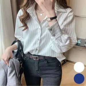 여자 8부 스트라이프 소매 오피스룩 짧은 셔츠 남방