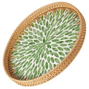 라운드 라탄 서빙 트레이 - 진주 인레이의 어머니가 있는 천연 수제 직조 바구니 트레이와 테이블 장식용 나무 베이스 위커 바구니, 빵, 커피, 과일의 가정용 보관 디스플레이