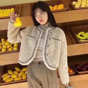 퍼 크롭자켓 여자 트위드 아우터 페이크 밍크 가디건 WFLQ8B4