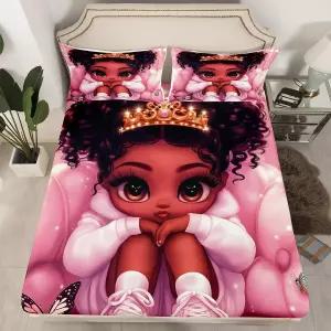 블랙 걸 매직 시트 카와이 룸 데코용 핑크 아프리카계 미국인 여성 침대 글리터 프린세스 트윈 피팅 귀여운