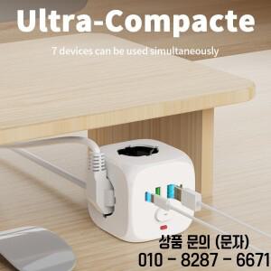 2미터 연장선이 있는 멀티탭 벽면 콘센트 확장기 3개의 AC USB 포트 및 타입 7 in 1 EU 플러그 충전기 스위