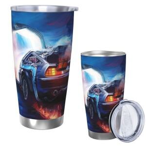 백투 더 퓨처 델로리안 타임머신 스테인리스 스틸 텀블러 진공 단열 머그 보온 보냉 빨대 뚜껑 포함 20oz