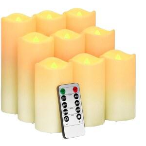 깜박이는 불꽃 없는 양초, 타이머가 있는 현실적인 배터리 작동 18개의 AA 포함, 10키 리모컨 LED 양초가 야외 실내 장식 9개 세트, 생일 선물, 그녀
