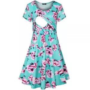 Quinee 여성용 꽃무늬 반소매 여름 임산부 수유 모유 드레스 그린 핑크 플로럴 845650