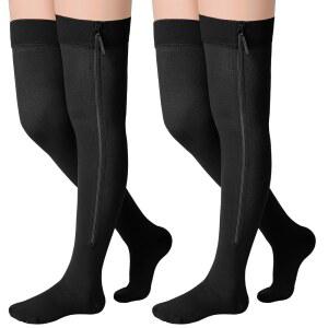 Sosation 2쌍 지퍼 압박 양말 허벅지 높이 20-30mmhg 클로즈드 토 지지대 스타킹(블랙, X-대형)