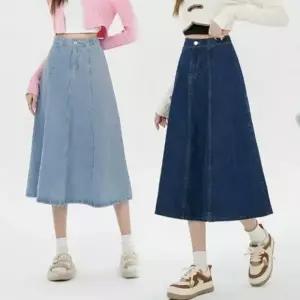 여자 롱 청치마 플레어 데님스커트 벌룬 A라인 뒷밴딩 스커트 빅사이즈