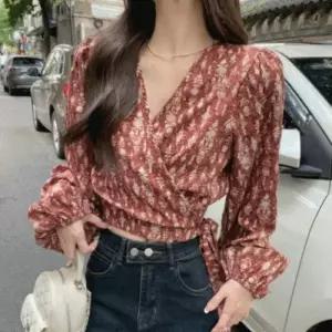 플로럴 리본랩 퍼프 블라우스 WFLS290