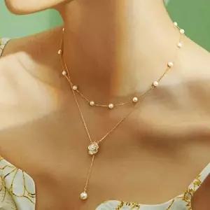여성 레이어드목걸이 두줄 플라워 포인트 진주 목걸이-WFI30KW