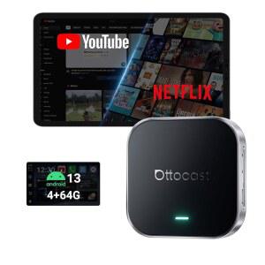 오토캐스트 E2 오토아이박스 안드로이드 13 스마트 AI 박스, 넷플릭스/유튜브 내장, 무선 카플레이 오토 어댑터, 분할 화면 기능이 있는 자동차 비디오 플레이어