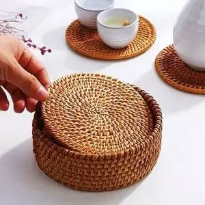 set 909OKU01 홀더 6개 코스터 티 감성 라탄 10cm 주방 컵받침 컵받침대