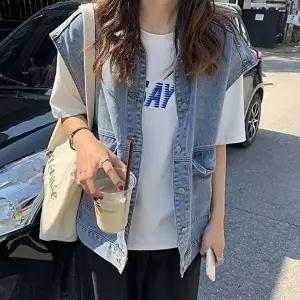 데님조끼 오버핏 연청 데님 블랙 쪼끼 여자 레이어드 청조끼