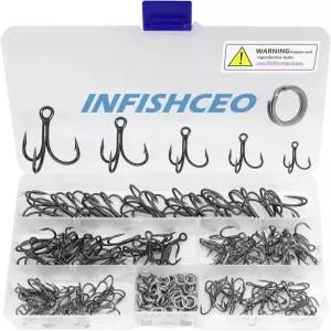 인피쉬 CEO 낚시 트레블 훅 키트 대형 고탄소 강철 후크 3X 강력한 날카로운 원형 굽힘 분할 링 포함