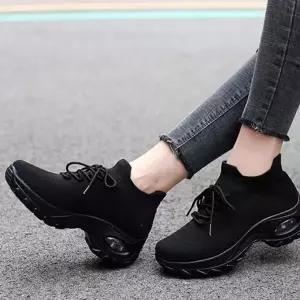 여성편한운동화 블랙 에어쿠션신발 경량 니트워킹화-WFIKNHL